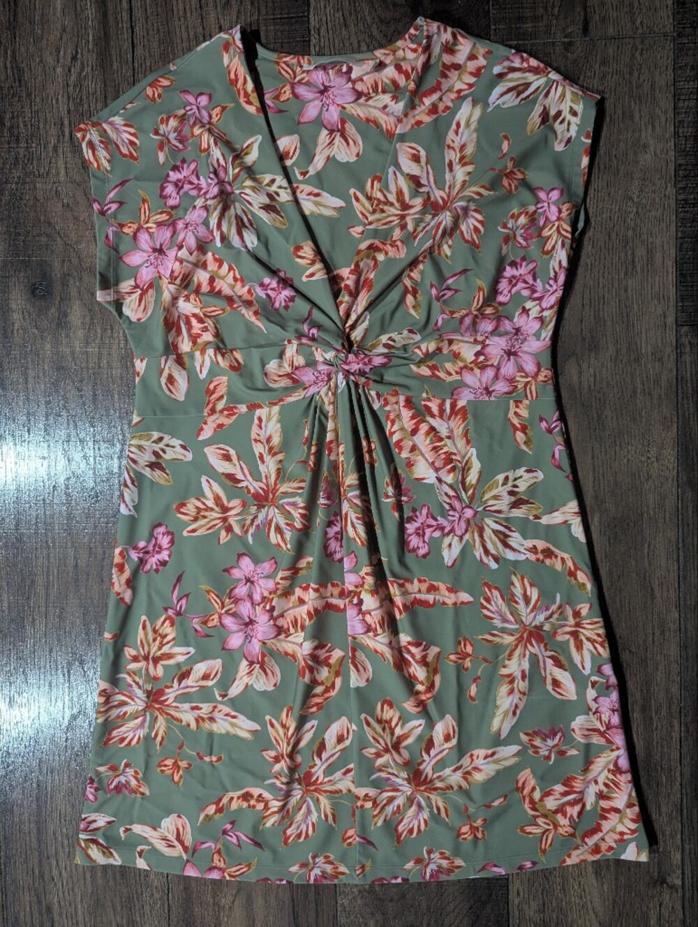 Soft Surroundings Women's Green Floral Print Mini Dress Front Accent Knot Sz Med